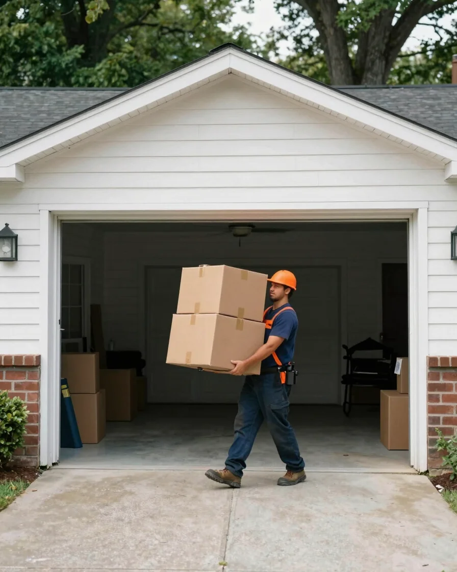 Documentary service photograph of a worker carrying a bundled cardboard box out of a residential garage in Louisville, K