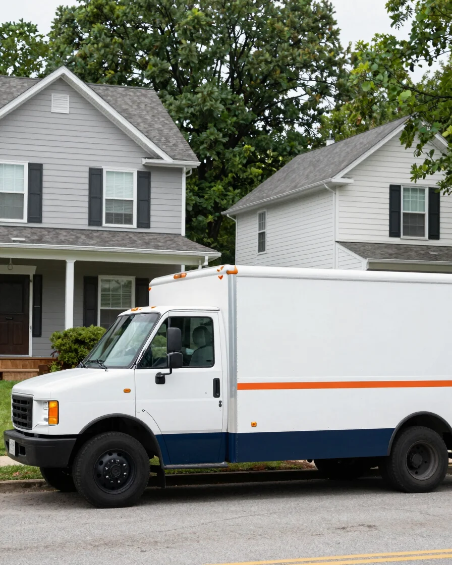 Wide daylight view of a clean white work truck parked in front of
